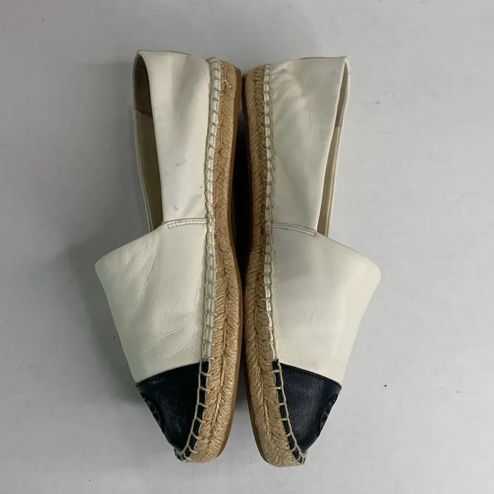 Tory Burch black/white leather color block cap toe espadrille flats